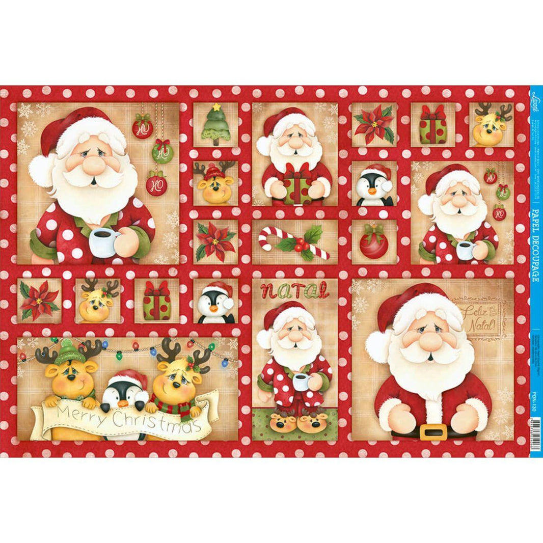Papel Decoupage Litoarte PDN-130 Natal Papai Noel Renas e Pinguins 49x34,3cm - Palácio da Arte