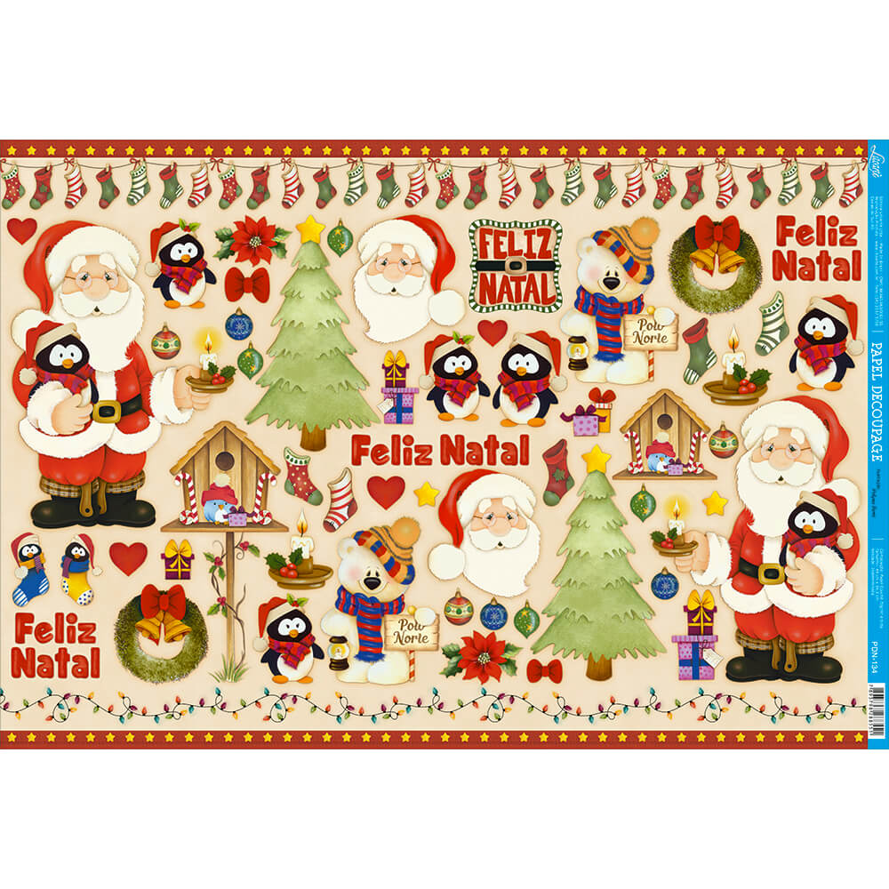 Papel Decoupage Litoarte PDN-134 49x34 Natal Papai Noel e Pinguim - Palácio da Arte