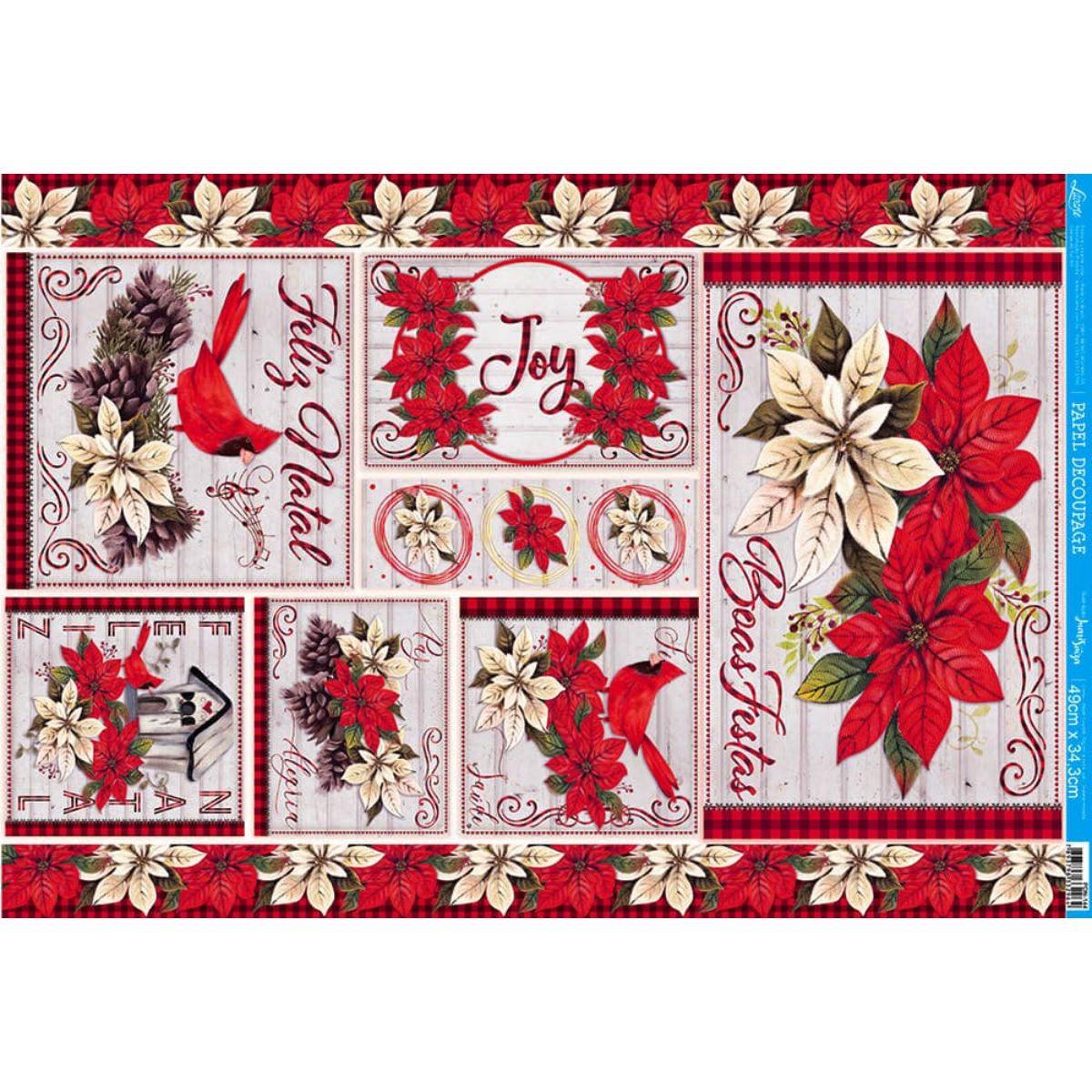 Papel Decoupage Litoarte PDN-144 Natal Feliz Natal Poinsettia 49x34,3cm - Palácio da Arte