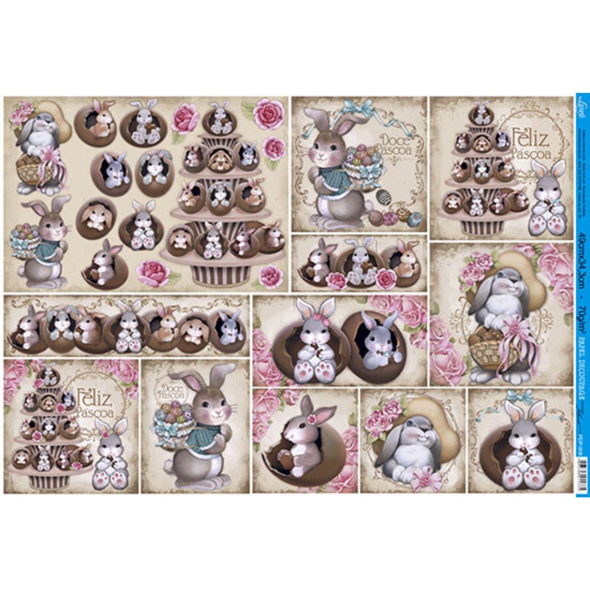 Papel Decoupage Litoarte PDP-008 Coelhos Vintage 49x34cm - Palácio da Arte