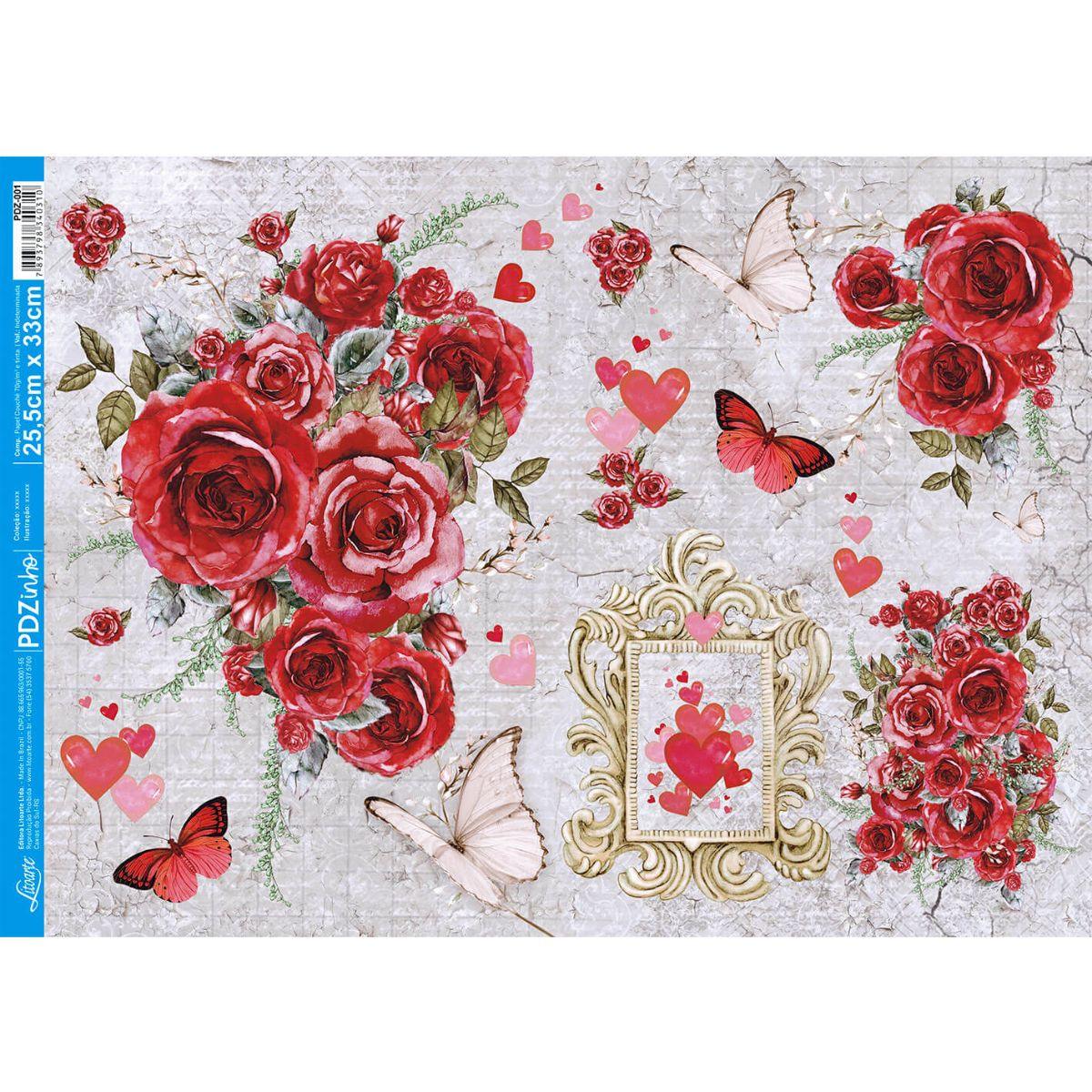 Papel Decoupage Litoarte PDZ-001 Rosas e Coração 24,5x33cm - Palácio da Arte