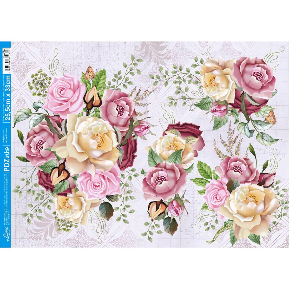 Papel Decoupage Litoarte PDZ-003 Rosas 24,5x33cm - Palácio da Arte