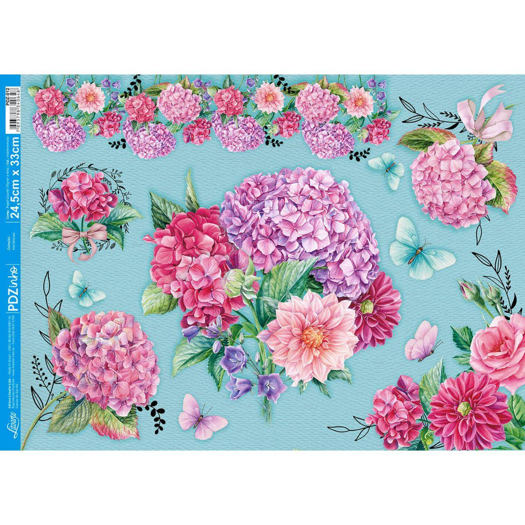 Papel Decoupage Litoarte PDZ-012 Hortênsias 24,5x33cm - Palácio da Arte