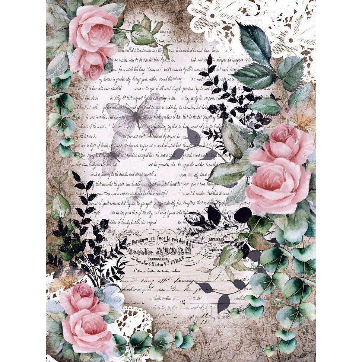 Papel Decoupage Litoarte PDZ-014 Rosas, Renda, Borboletas Vintage 24,5x33cm - Palácio da Arte