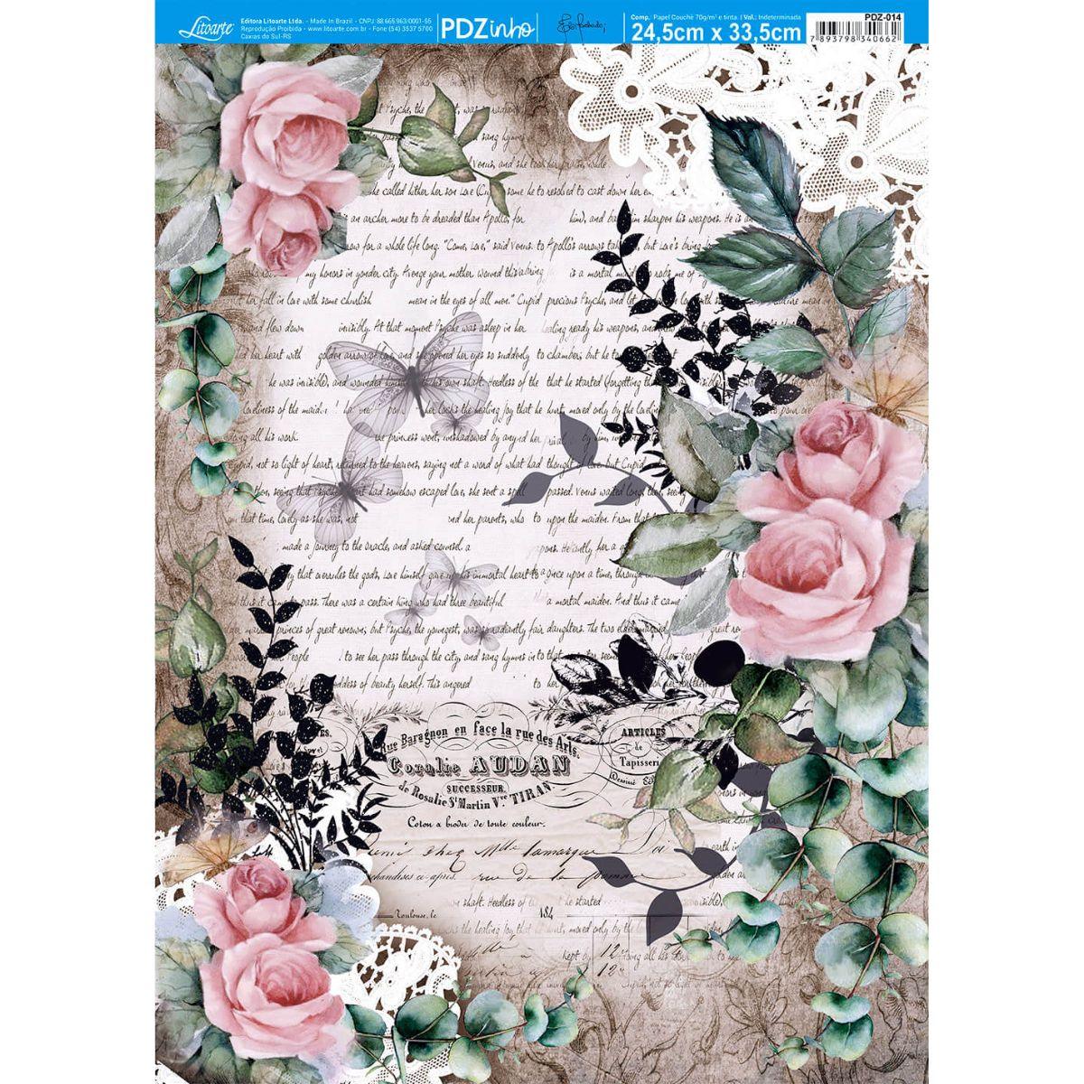 Papel Decoupage Litoarte PDZ-014 Rosas, Renda, Borboletas Vintage 24,5x33cm - Palácio da Arte