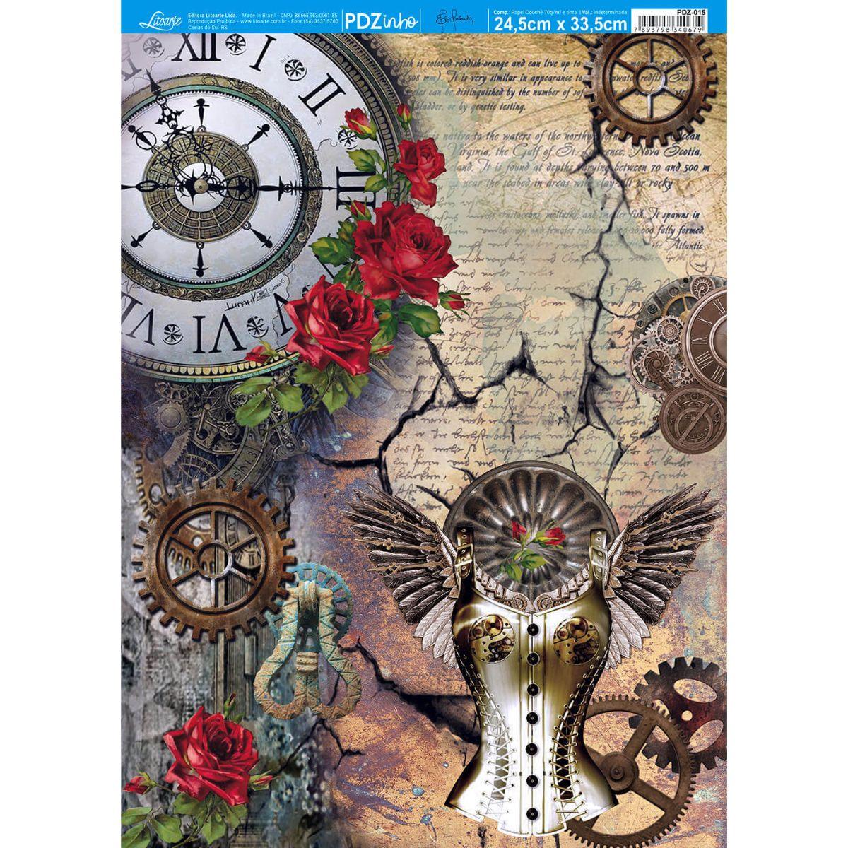 Papel Decoupage Litoarte PDZ-015 Relógio Estilo Steampunk 24,5x33cm - Palácio da Arte