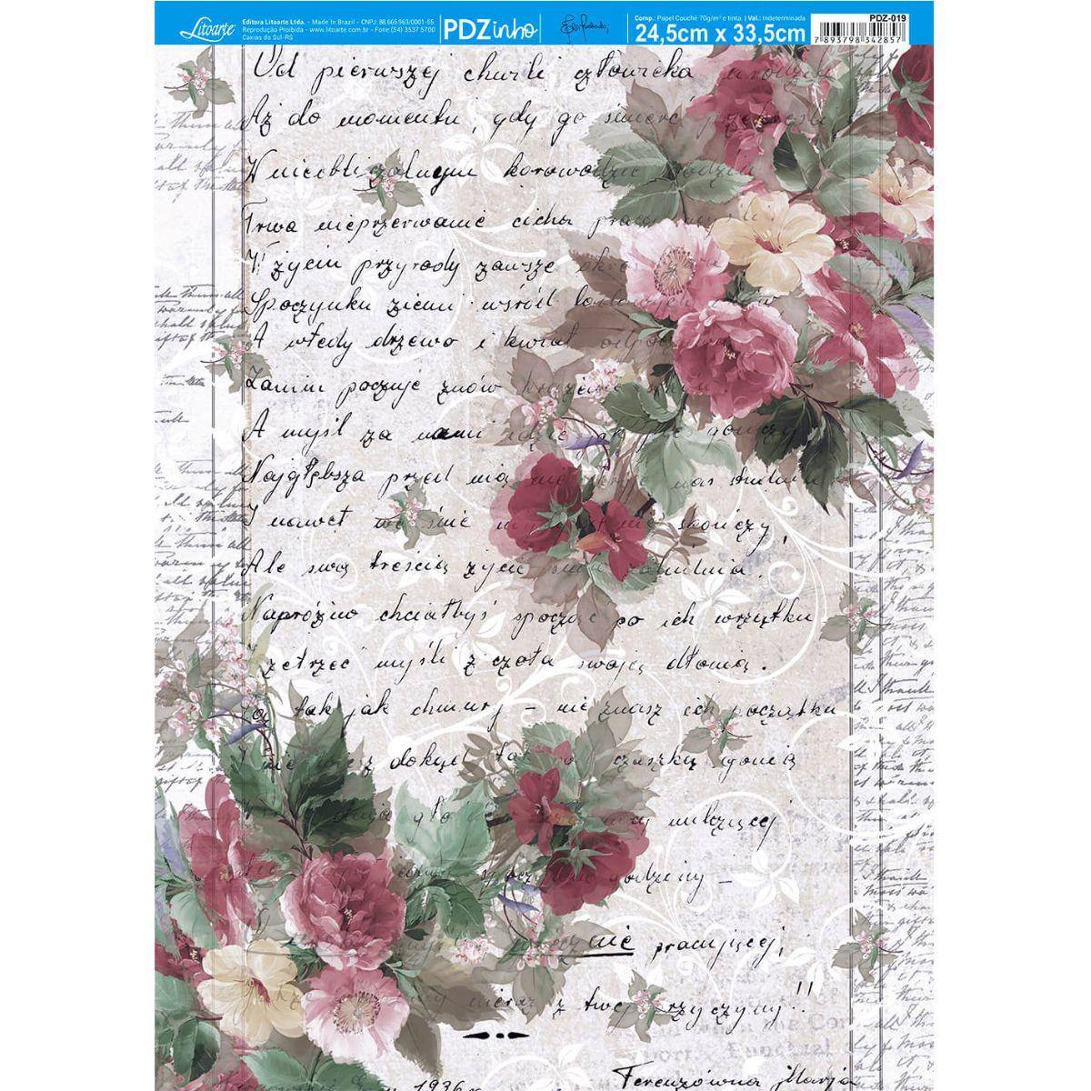 Papel Decoupage Litoarte PDZ-019 Flores e Textos 24,5x33cm - Palácio da Arte