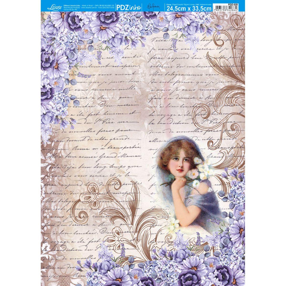 Papel Decoupage Litoarte PDZ-020 Dama com Flores 24,5x33cm - Palácio da Arte