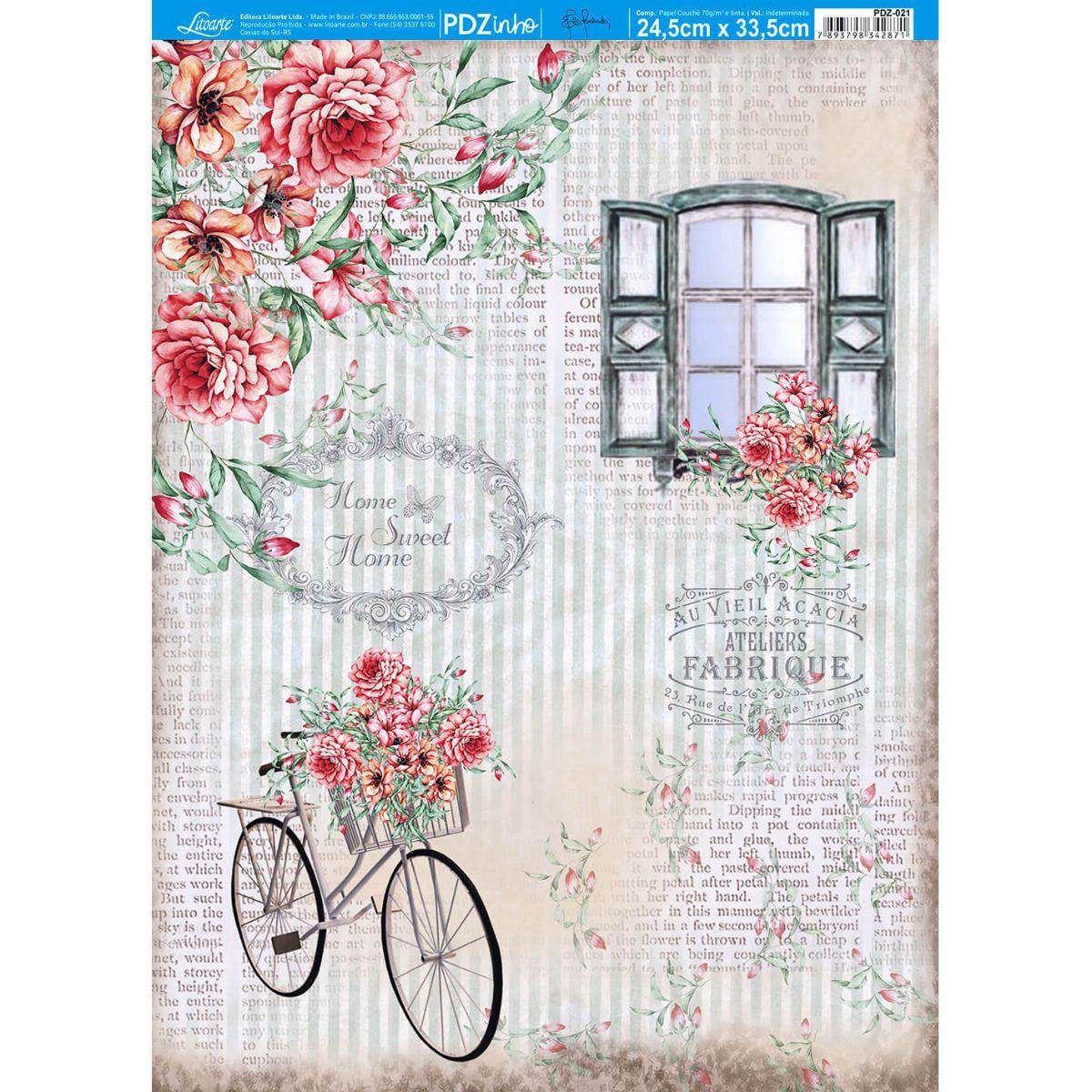 Papel Decoupage Litoarte PDZ-021 Janela e Bicicleta Florida 24,5x33cm - Palácio da Arte