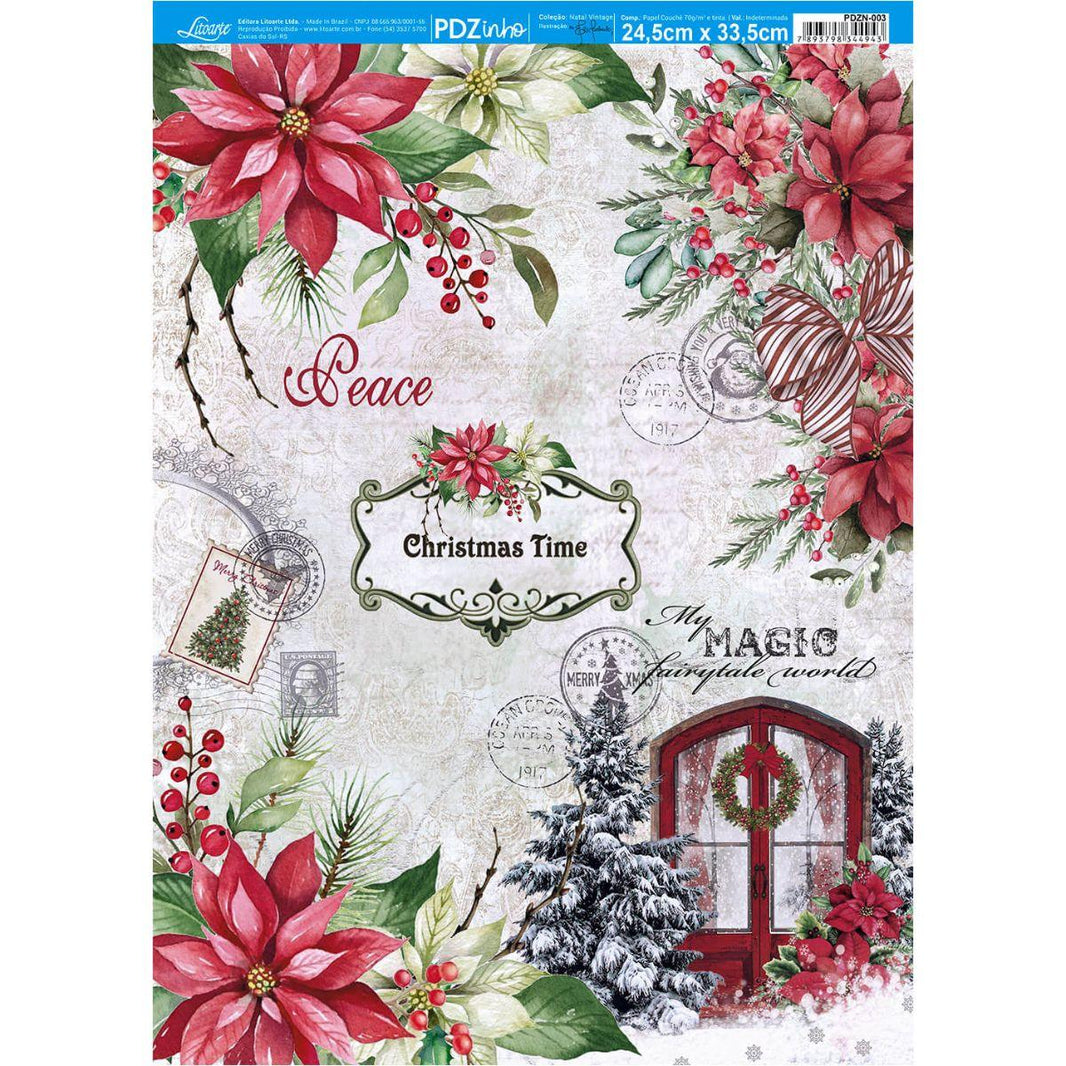 Papel Decoupage Litoarte PDZN-003 Natal Porta Vermelha e Poinsétia 24,5x33cm - Palácio da Arte