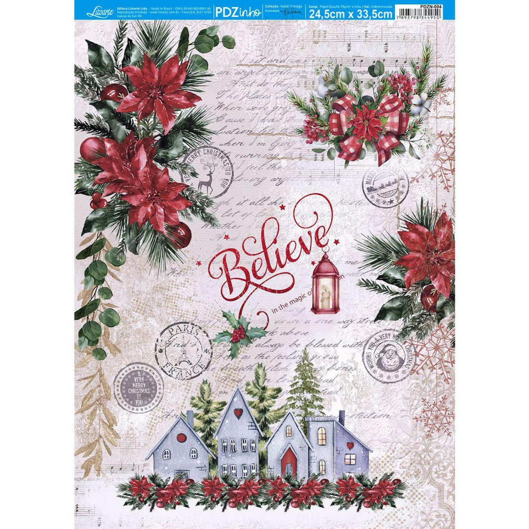 Papel Decoupage Litoarte PDZN-004 Natal Casinhas e Poinsétia 24,5x33cm - Palácio da Arte