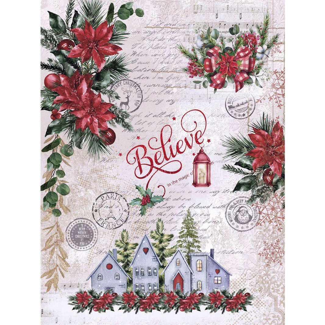 Papel Decoupage Litoarte PDZN-004 Natal Casinhas e Poinsétia 24,5x33cm - Palácio da Arte