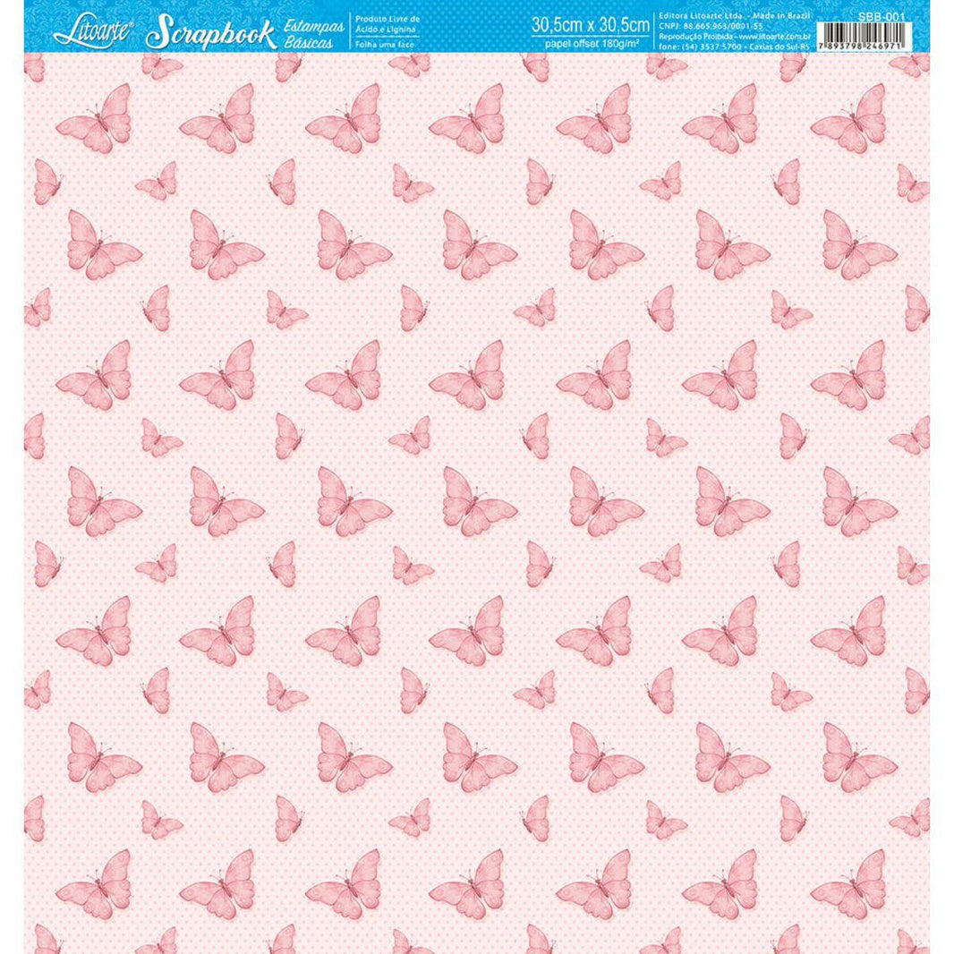 Papel Scrapbook Litoarte SBB-001 Borboletas Rosa 30,5x30,5cm - Palácio da Arte