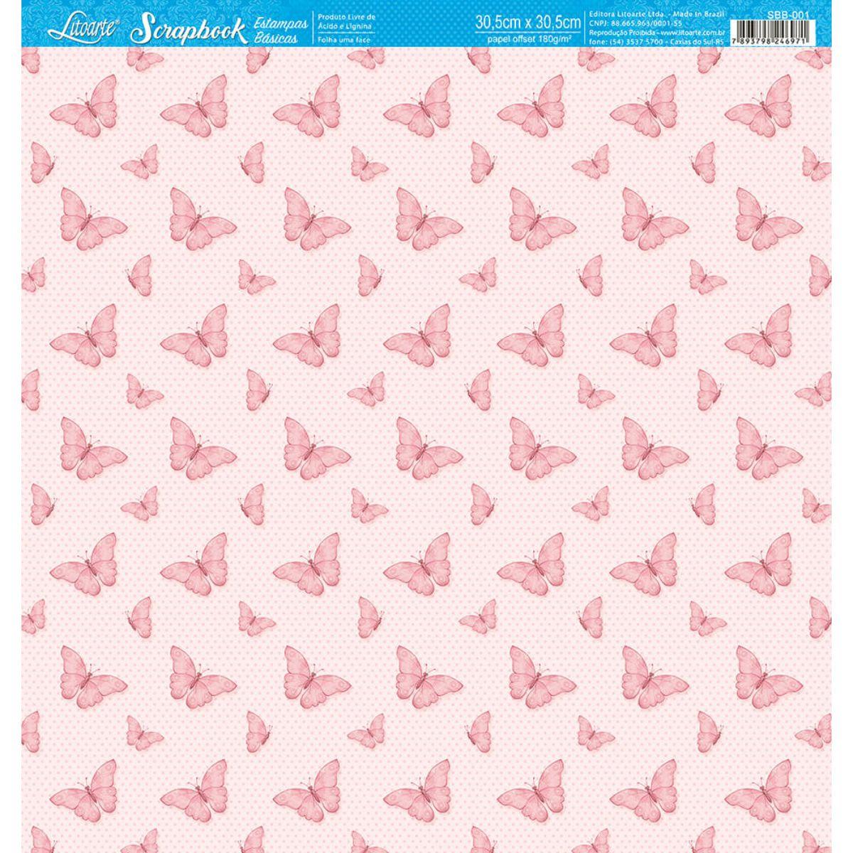 Papel Scrapbook Litoarte SBB-001 Borboletas Rosa 30,5x30,5cm - Palácio da Arte