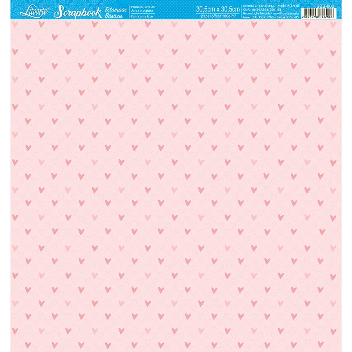 Papel Scrapbook Litoarte SBB-002 Corações Pink 30,5x30,5cm - Palácio da Arte