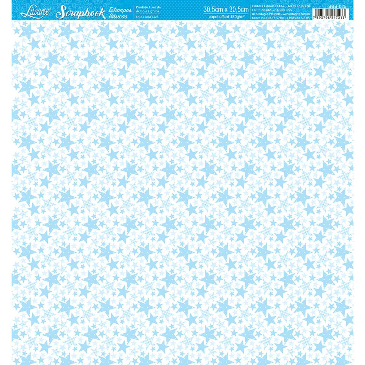 Papel Scrapbook Litoarte SBB-025 Estrelas Azul 30,5x30,5cm - Palácio da Arte