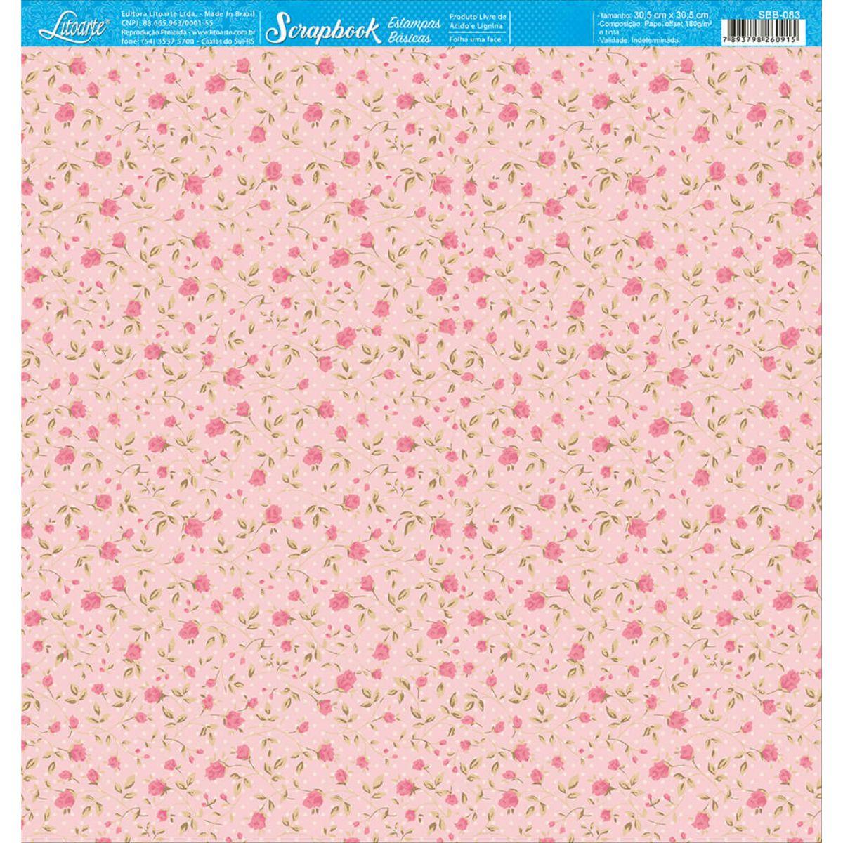 Papel Scrapbook Litoarte SBB-083 Botão de Rosas 30,5x30,5cm - Palácio da Arte