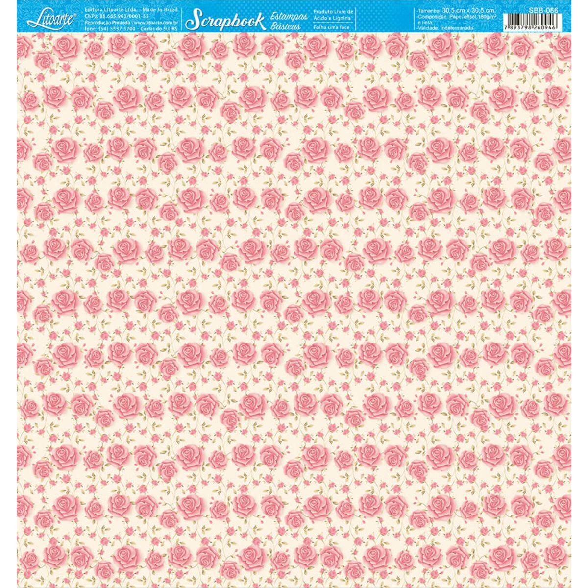 Papel Scrapbook Litoarte SBB-086 Rosas 30,5x30,5cm - Palácio da Arte