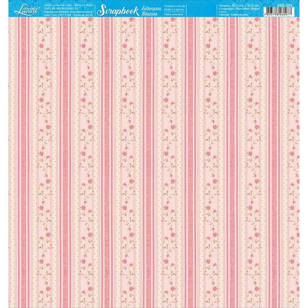 Papel Scrapbook Litoarte SBB-089 Rosas e Listras 30,5x30,5cm - Palácio da Arte
