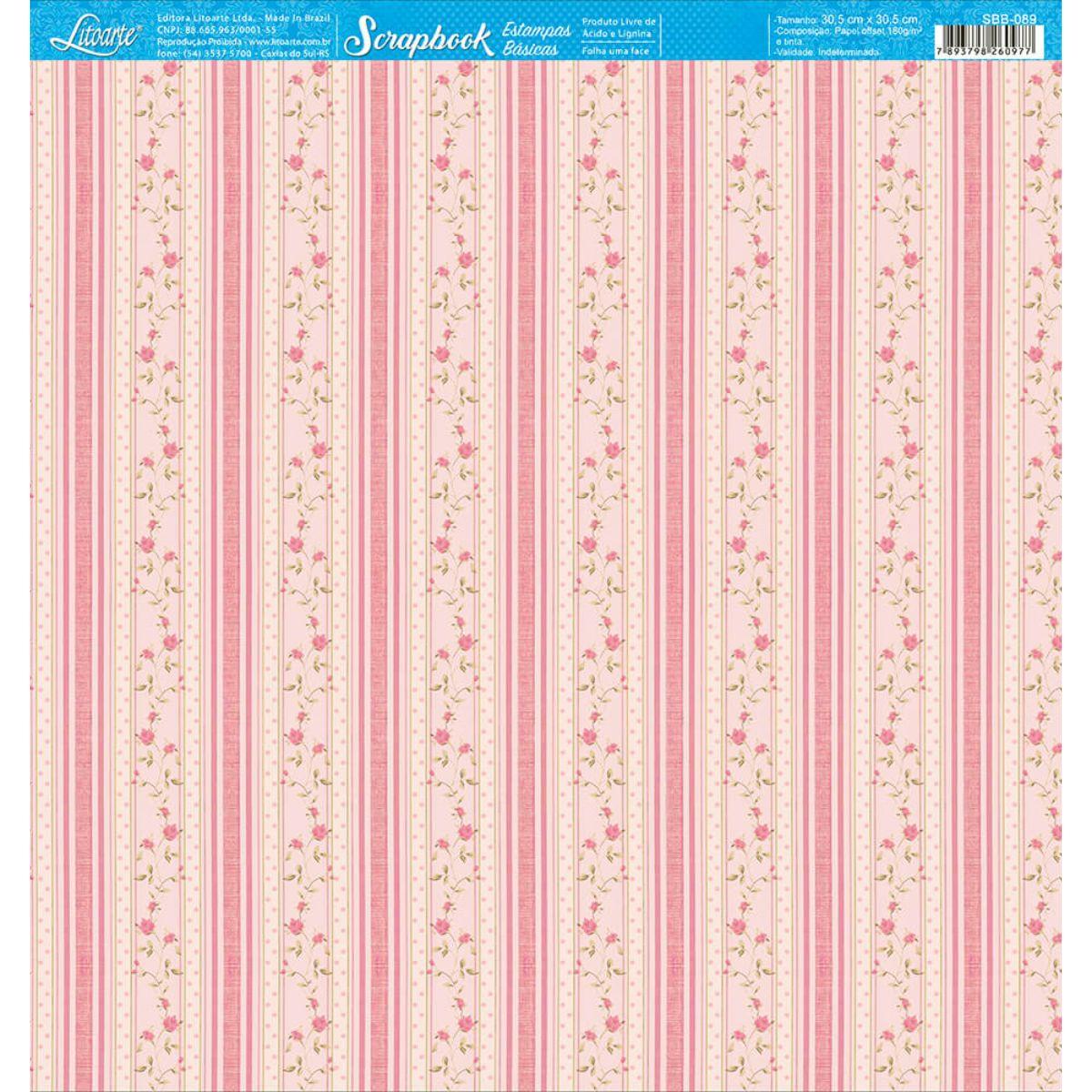 Papel Scrapbook Litoarte SBB-089 Rosas e Listras 30,5x30,5cm - Palácio da Arte