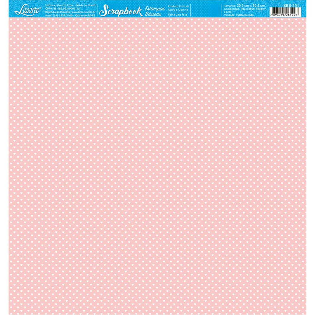 Papel Scrapbook Litoarte SBB-101 Corações Rosa 30,5x30,5cm - Palácio da Arte