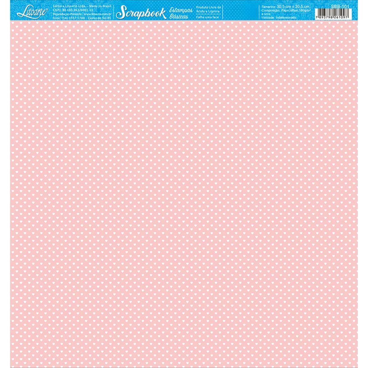 Papel Scrapbook Litoarte SBB-101 Corações Rosa 30,5x30,5cm - Palácio da Arte