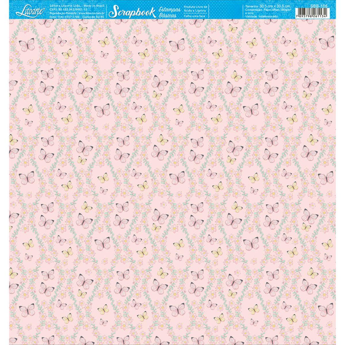 Papel Scrapbook Litoarte SBB-105 Borboletas 30,5x30,5cm - Palácio da Arte