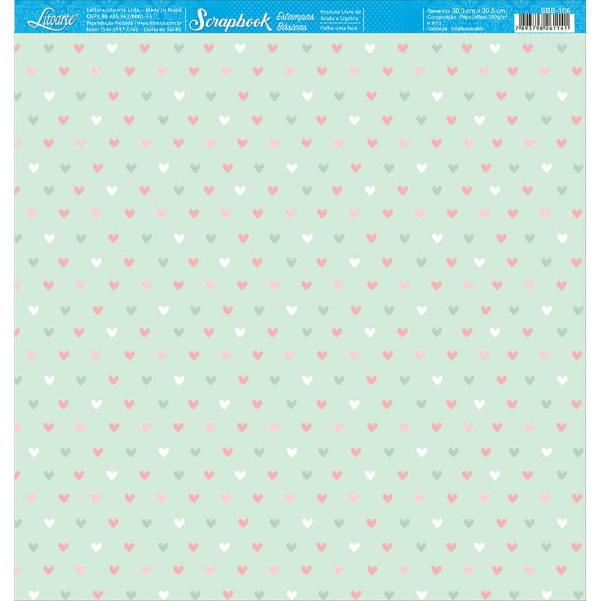 Papel Scrapbook Litoarte SBB-106 Corações 30,5x30,5cm - Palácio da Arte