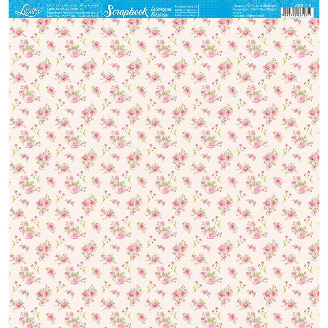 Papel Scrapbook Litoarte SBB-119 Ramos de Rosas 30,5x30,5cm - Palácio da Arte
