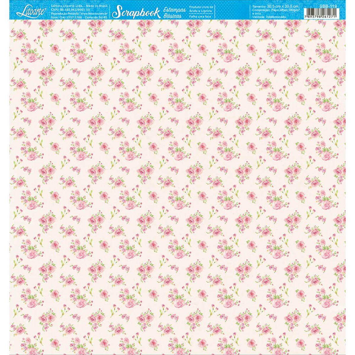 Papel Scrapbook Litoarte SBB-119 Ramos de Rosas 30,5x30,5cm - Palácio da Arte