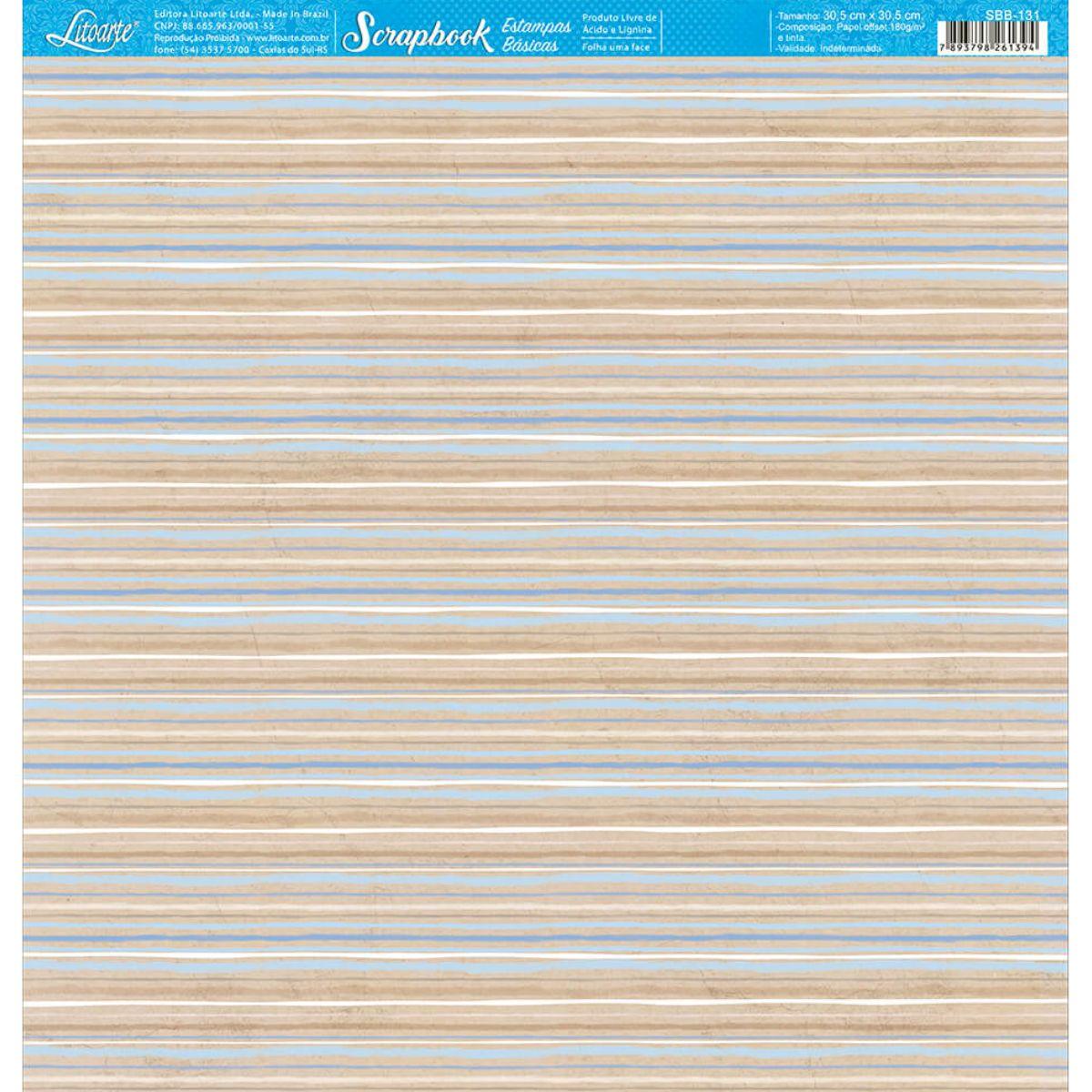 Papel Scrapbook Litoarte SBB-131 Listras Marrom e Azul 30,5x30,5cm - Palácio da Arte