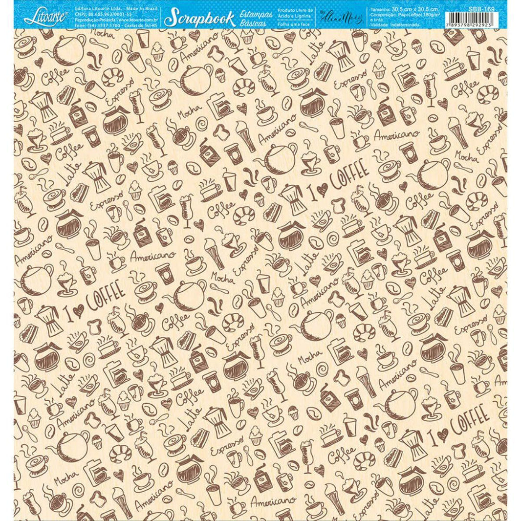 Papel Scrapbook Litoarte SBB-169 Estampa Café 30,5x30,5cm - Palácio da Arte