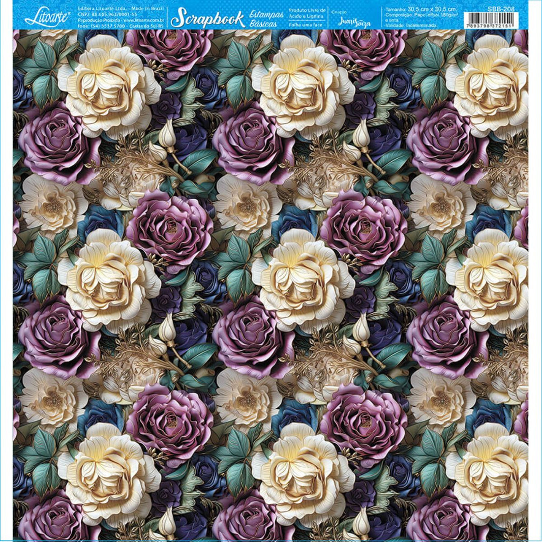 Papel Scrapbook Litoarte SBB-208 Rosas Champagne e Roxa 30,5x305,cm - Palácio da Arte