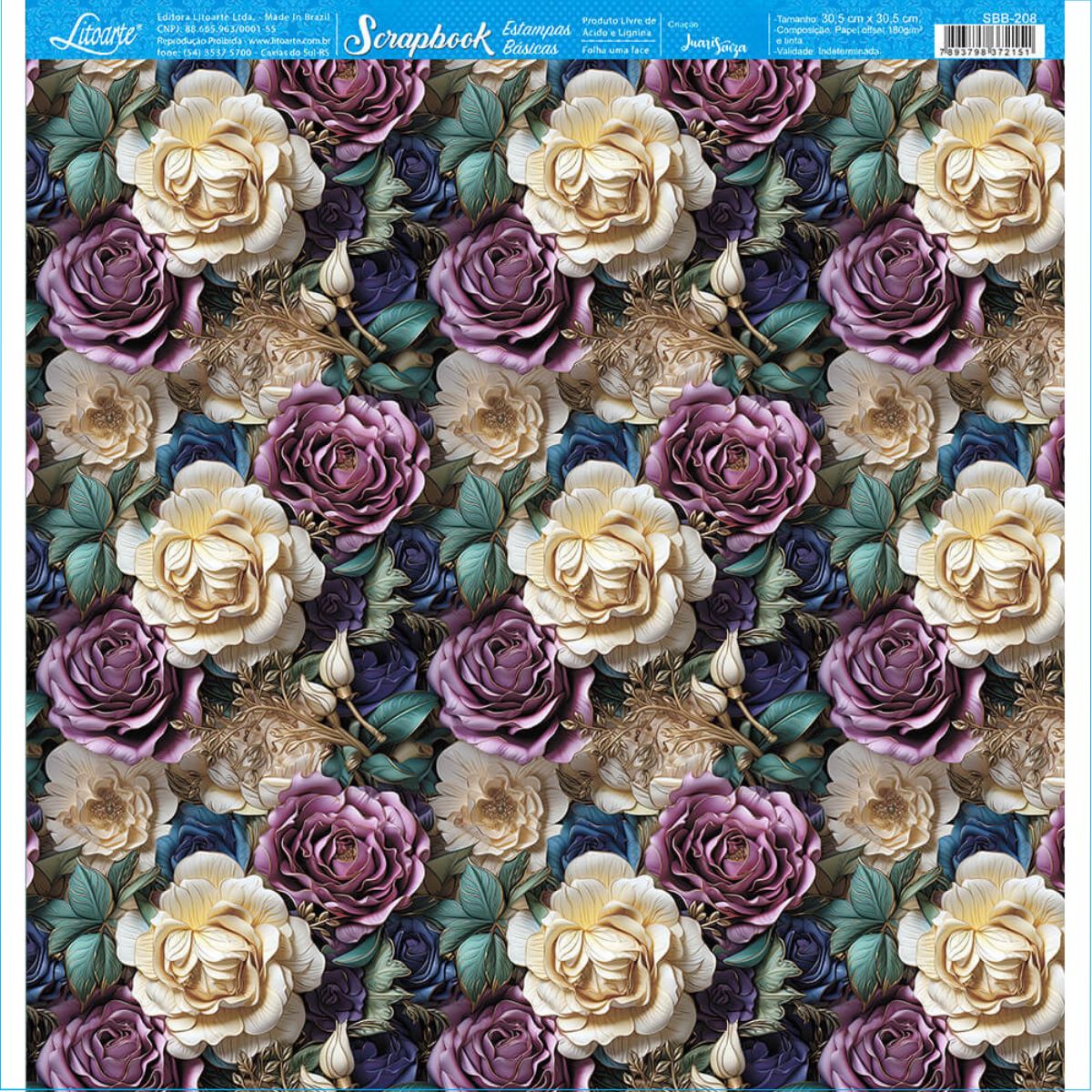 Papel Scrapbook Litoarte SBB-208 Rosas Champagne e Roxa 30,5x305,cm - Palácio da Arte