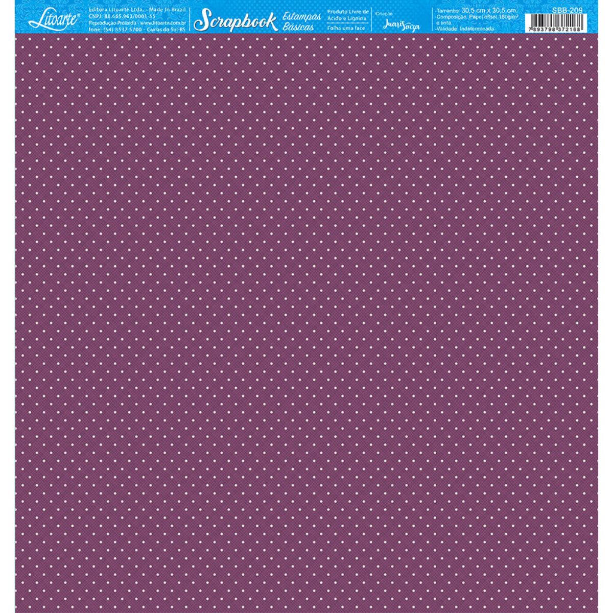 Papel Scrapbook Litoarte SBB-209 Poá Branco com Roxo 30,5x30,5cm - Palácio da Arte