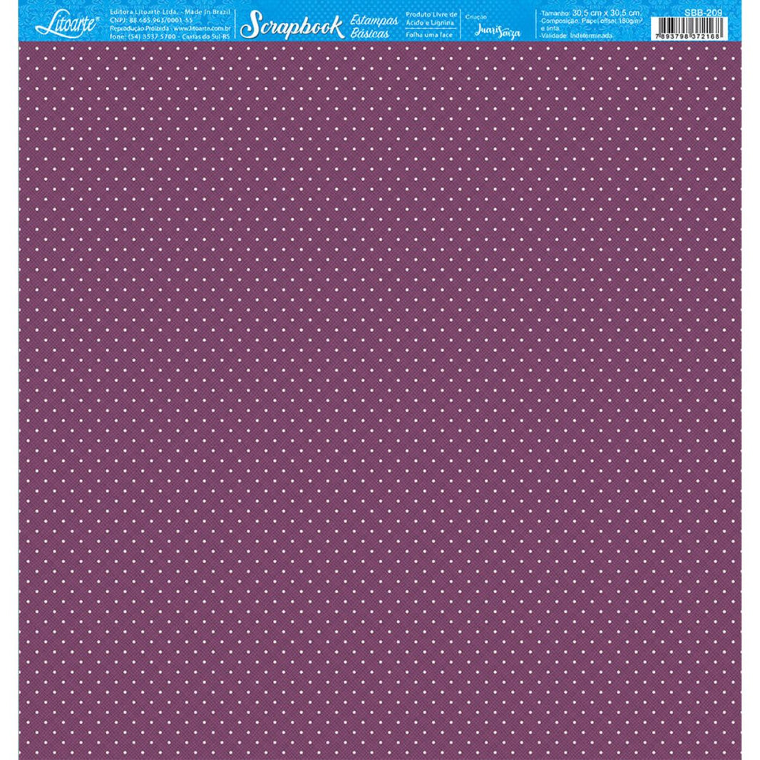 Papel Scrapbook Litoarte SBB-209 Poá Branco com Roxo 30,5x30,5cm - Palácio da Arte