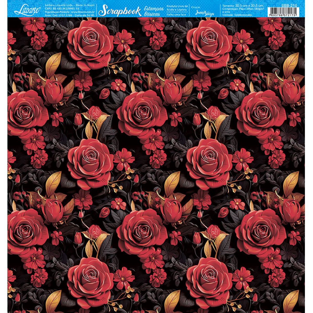 Papel Scrapbook Litoarte SBB-210 Rosas Vermelhas com Preto 30,5x30,5cm - Palácio da Arte
