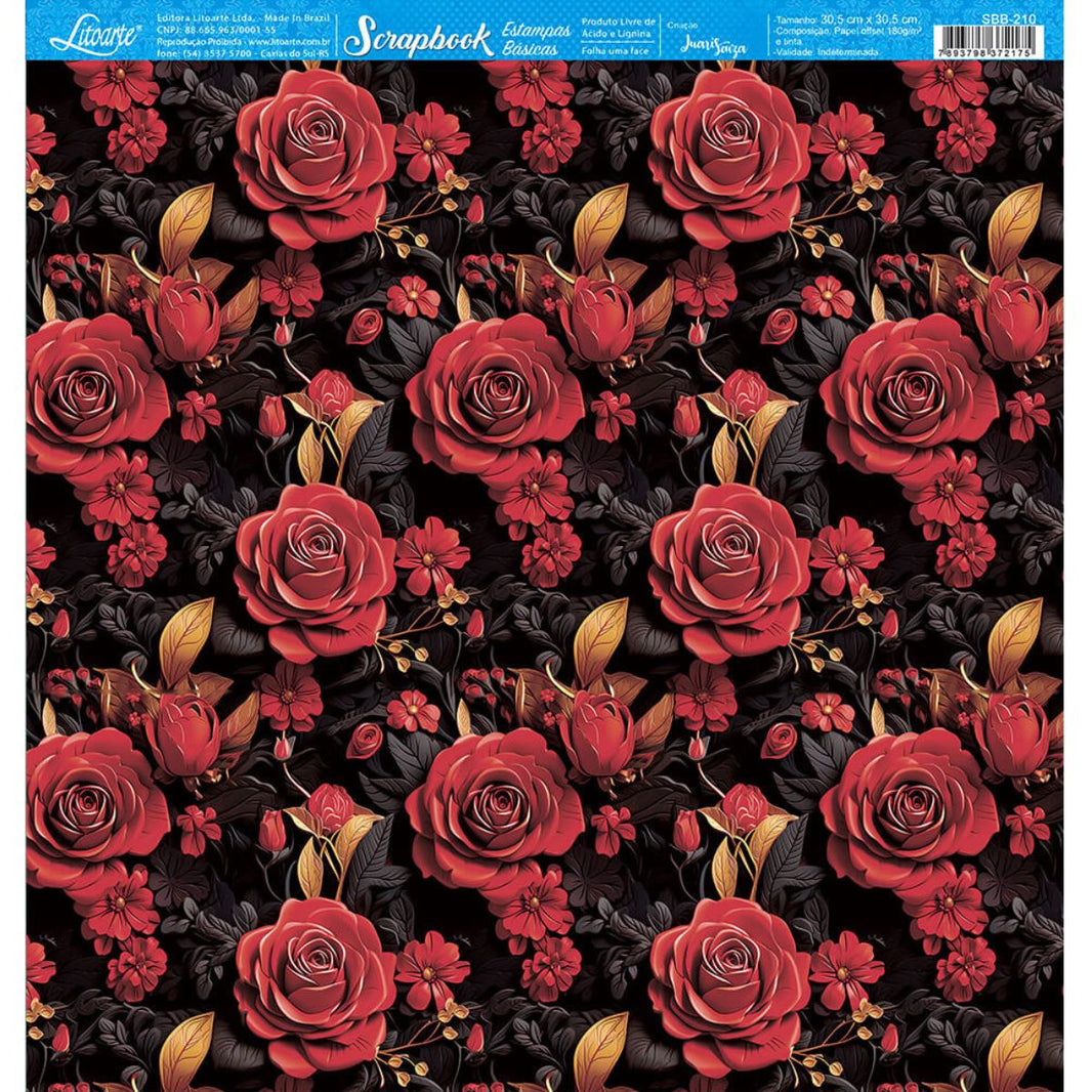 Papel Scrapbook Litoarte SBB-210 Rosas Vermelhas com Preto 30,5x30,5cm - Palácio da Arte