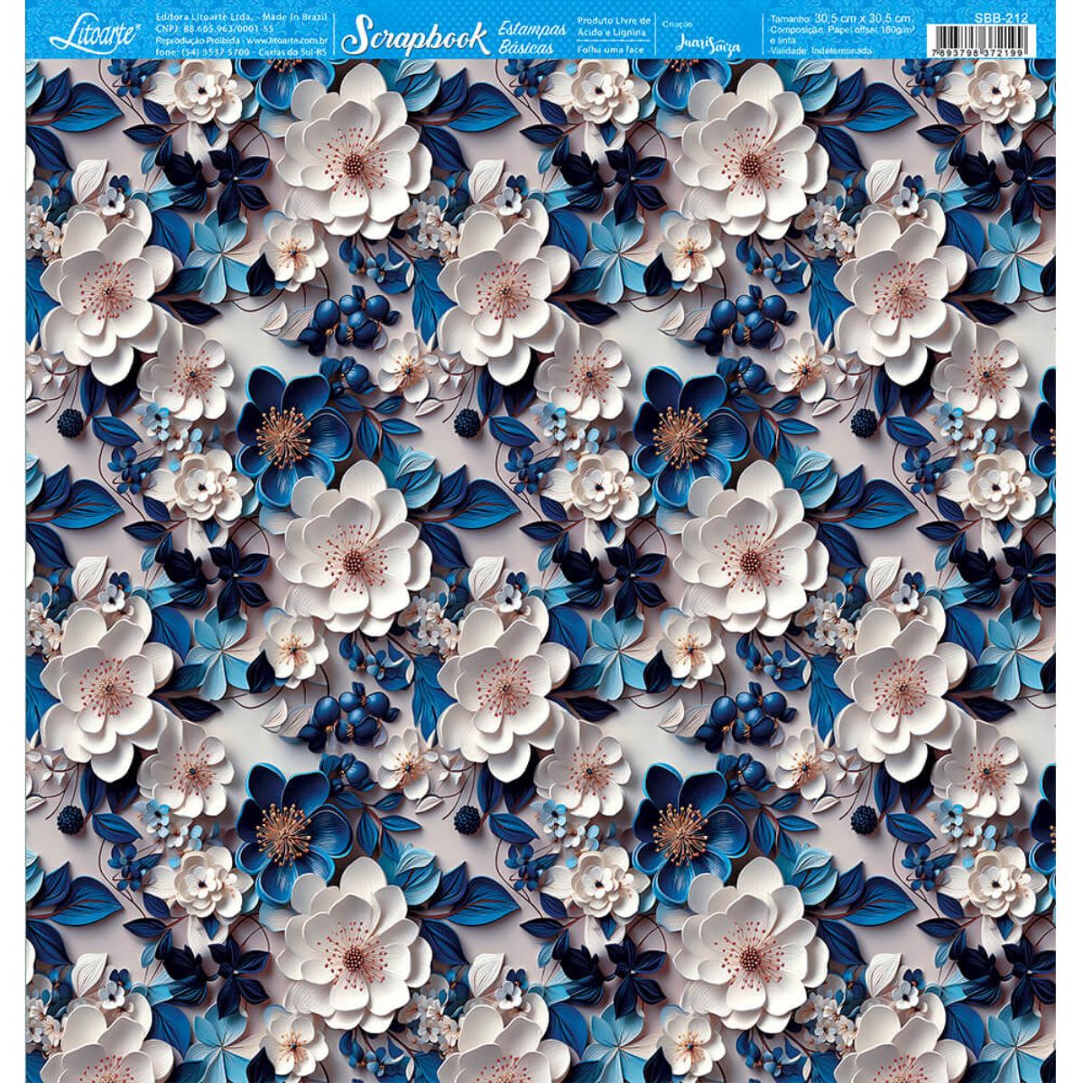 Papel Scrapbook Litoarte SBB-212 Flores Branco e Azul 30,5x30,5cm - Palácio da Arte