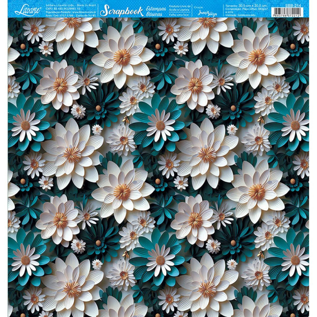Papel Scrapbook Litoarte SBB-214 Flores Brancas e Verde 30,5x30,5cm - Palácio da Arte