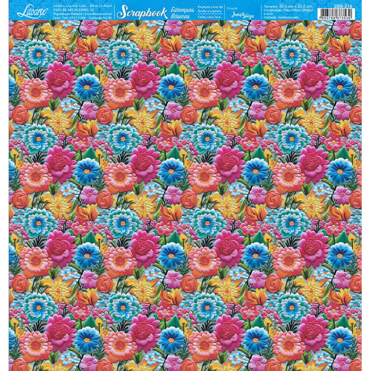 Papel Scrapbook Litoarte SBB-216 Flores Coloridas 30,5x30,5cm - Palácio da Arte