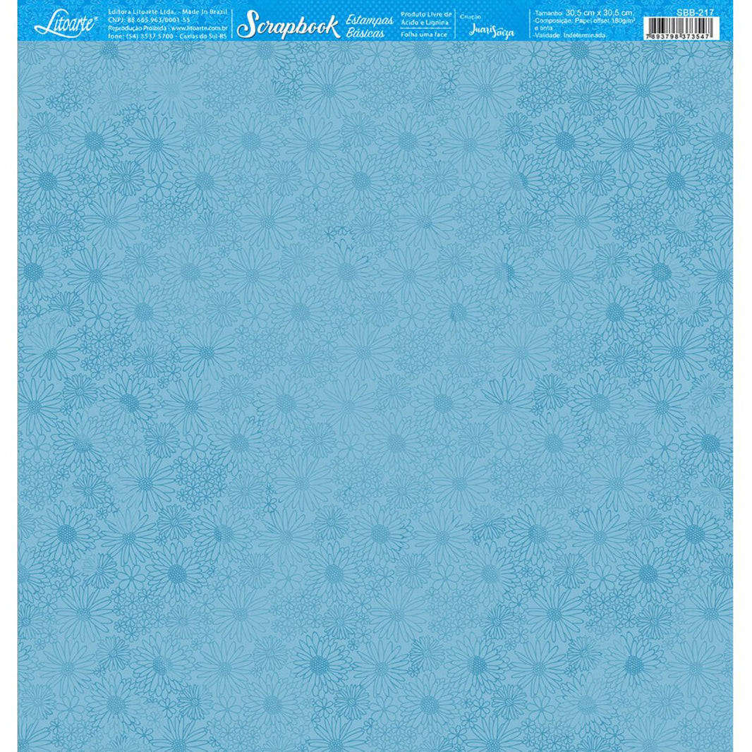 Papel Scrapbook Litoarte SBB-217 Fundo Azul com Flores 30,5x30,5cm - Palácio da Arte