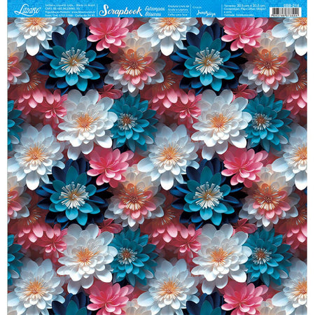 Papel Scrapbook Litoarte SBB-218 Flores Branco Rosa e Azul 30,5x30,5cm - Palácio da Arte