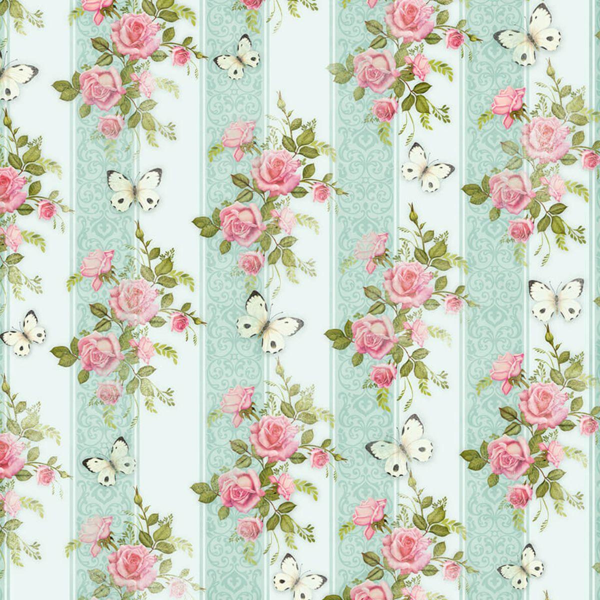 Papel Scrapbook Litoarte SD-0477 Rosas e Borboletas Azul e Rosa 30,5x30,5cm - Palácio da Arte