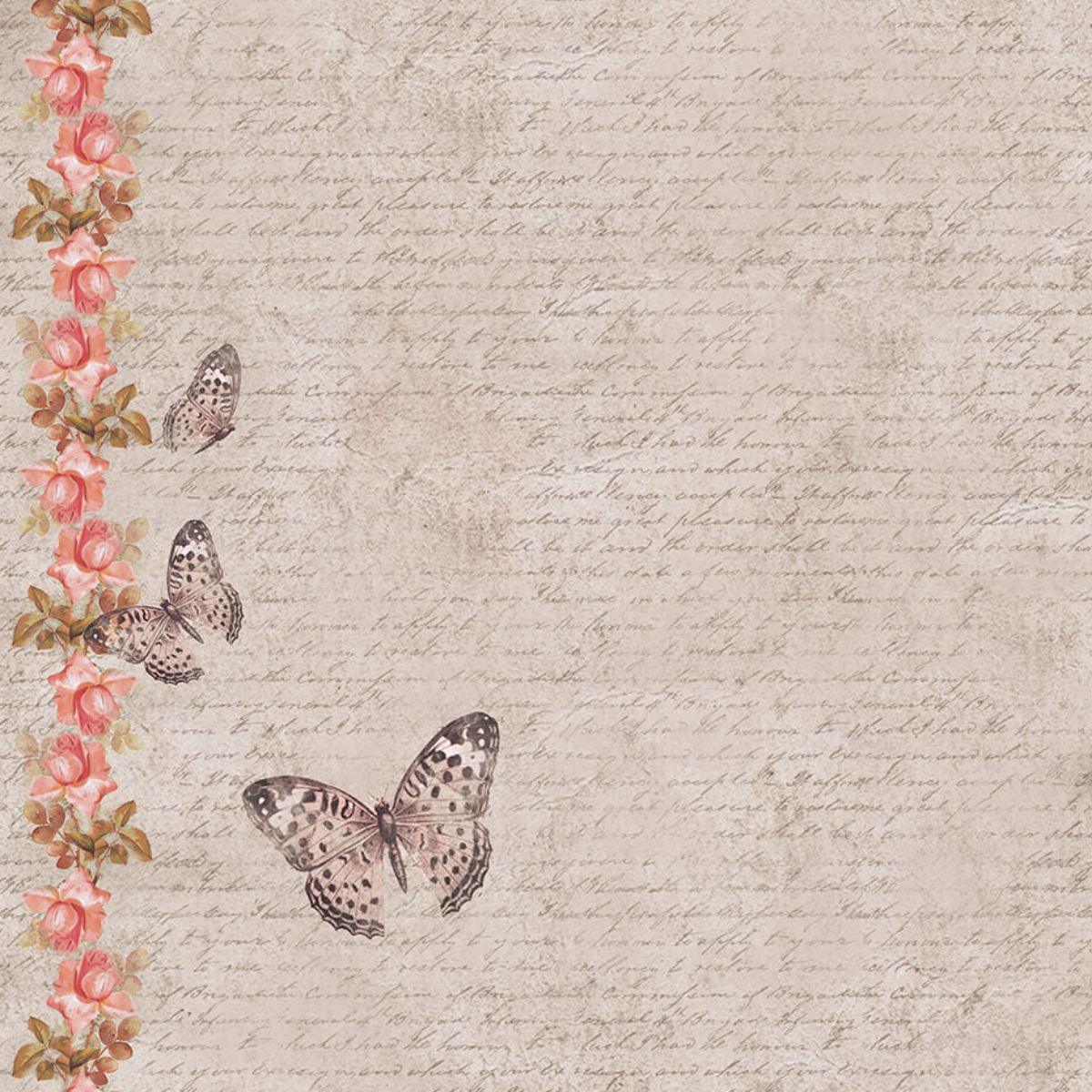 Papel Scrapbook Litoarte SD-0719 Vintage Rosas com Borboletas 30,5x30,5cm - Palácio da Arte