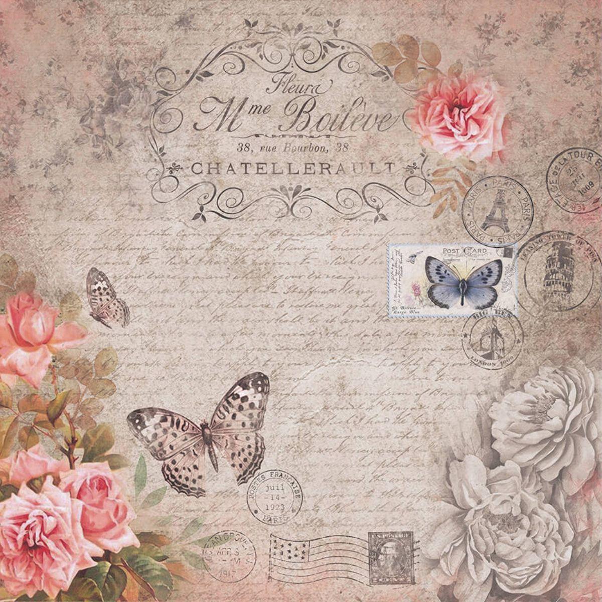 Papel Scrapbook Litoarte SD-0719 Vintage Rosas com Borboletas 30,5x30,5cm - Palácio da Arte