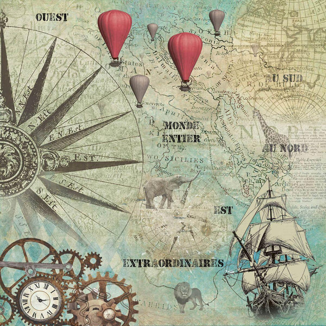 Papel Scrapbook Litoarte SD-1071 Relógio Navio e Balões 30,5x30,5cm - Palácio da Arte