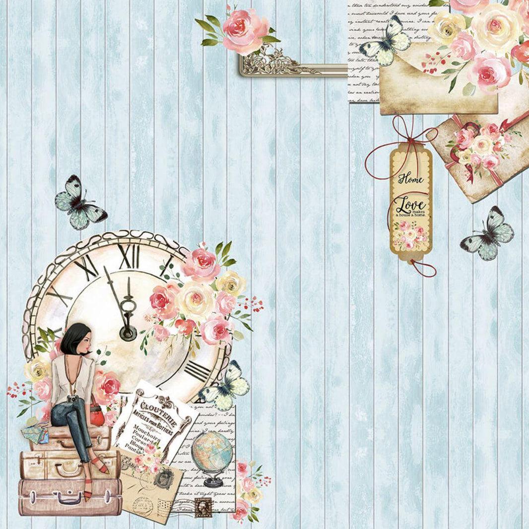 Papel Scrapbook Litoarte SD-1088 Mulher, Relógio e Flores 30,5x30,5cm - Palácio da Arte