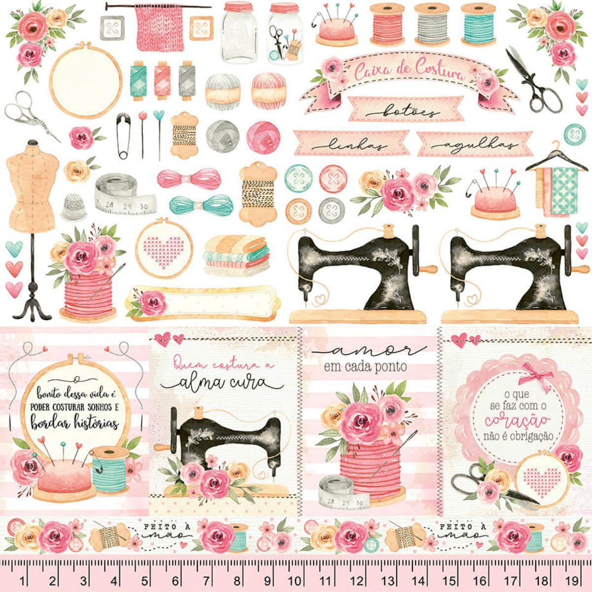 Papel Scrapbook Litoarte SD-1169 Elementos Costura 30,5x30,5cm - Palácio da Arte