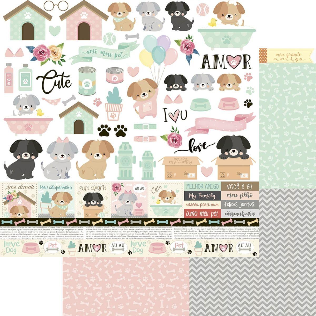 Papel Scrapbook Litoarte SD-1170 Elementos Cachorrinhos 30,5x30,5cm - Palácio da Arte
